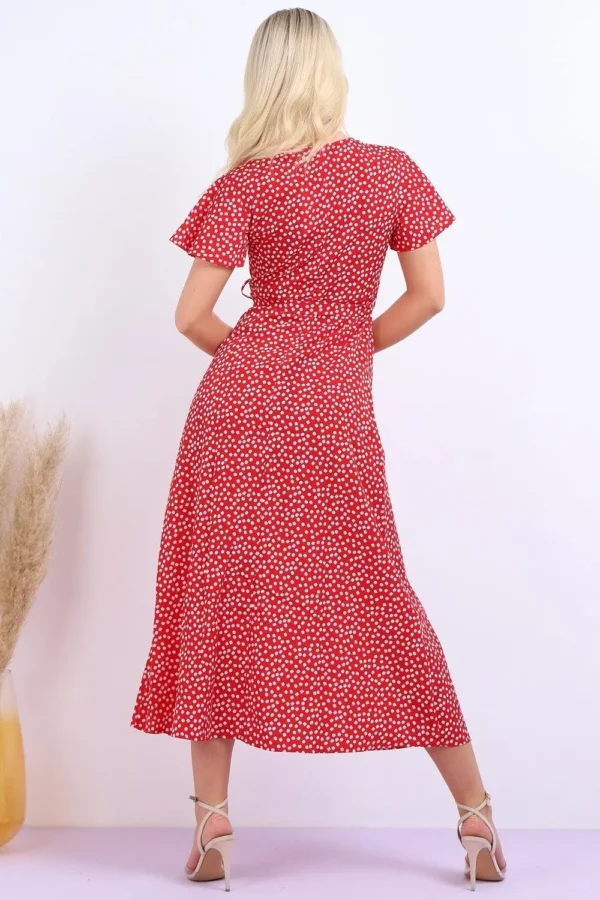 Wrap Front Split Leg Maxi Dress In Red Daisy Dot Print - Image 2