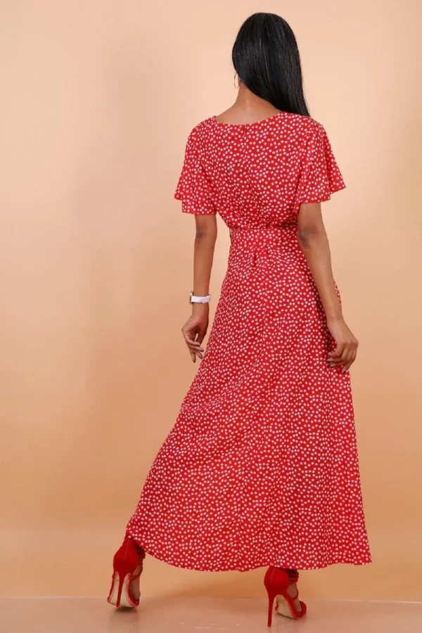 Wrap Front Split Leg Maxi Dress In Red Daisy Dot Print - Image 4