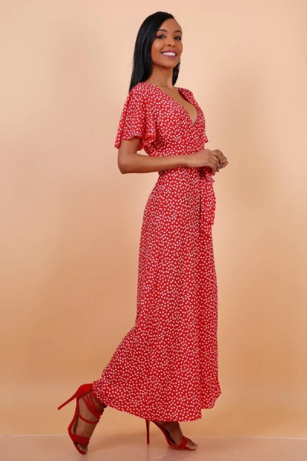 Wrap Front Split Leg Maxi Dress In Red Daisy Dot Print - Image 6