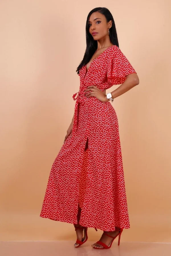 Wrap Front Split Leg Maxi Dress In Red Daisy Dot Print - Image 7