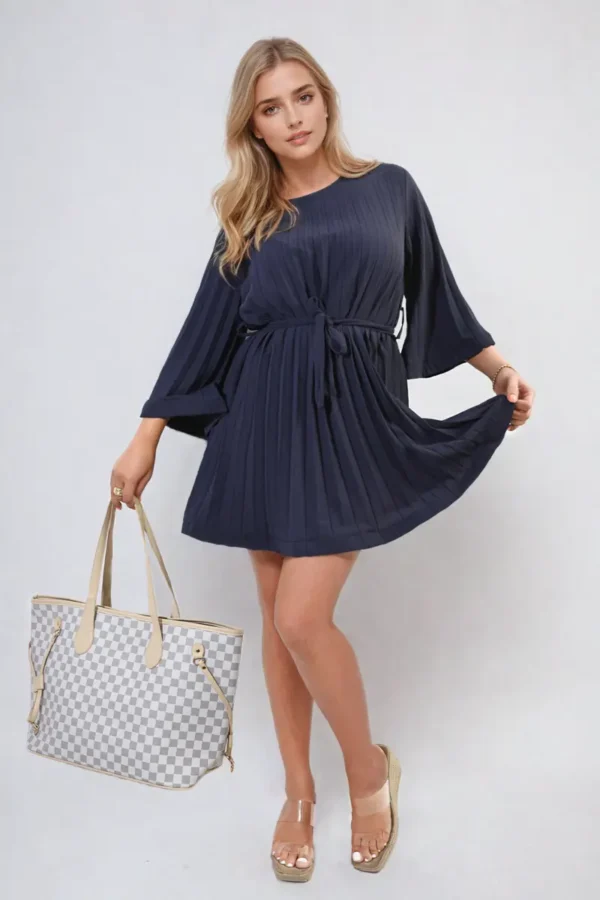 Pleated Tie Waist Mini Dress - Image 3