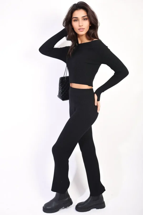 Knitted Long Sleeves Cropped Off Shoulder Top and Trousers Co-ord Set - Image 2