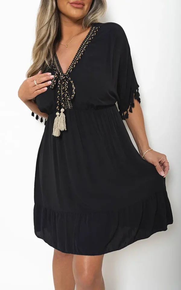 V-Neck Short Sleeve Midi Dress with Tassel Detail - Image 168