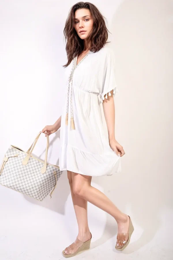 V-Neck Short Sleeve Midi Dress with Tassel Detail - Image 212