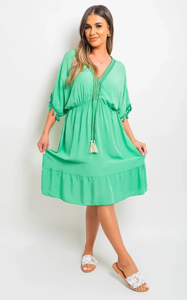 V-Neck Short Sleeve Midi Dress with Tassel Detail - Image 159