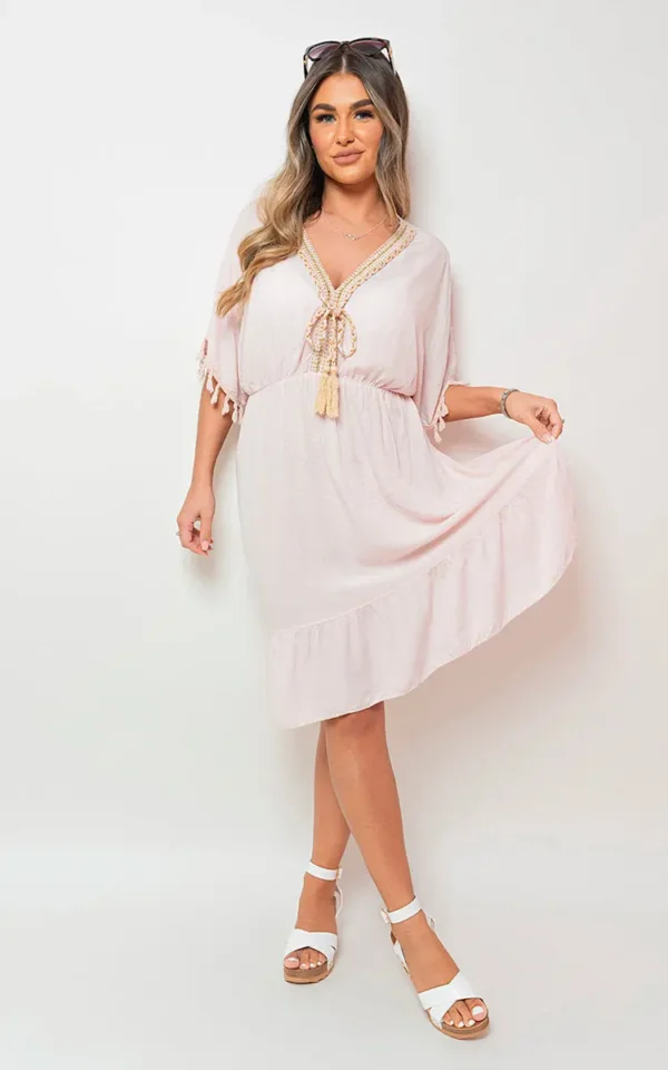 V-Neck Short Sleeve Midi Dress with Tassel Detail - Image 161