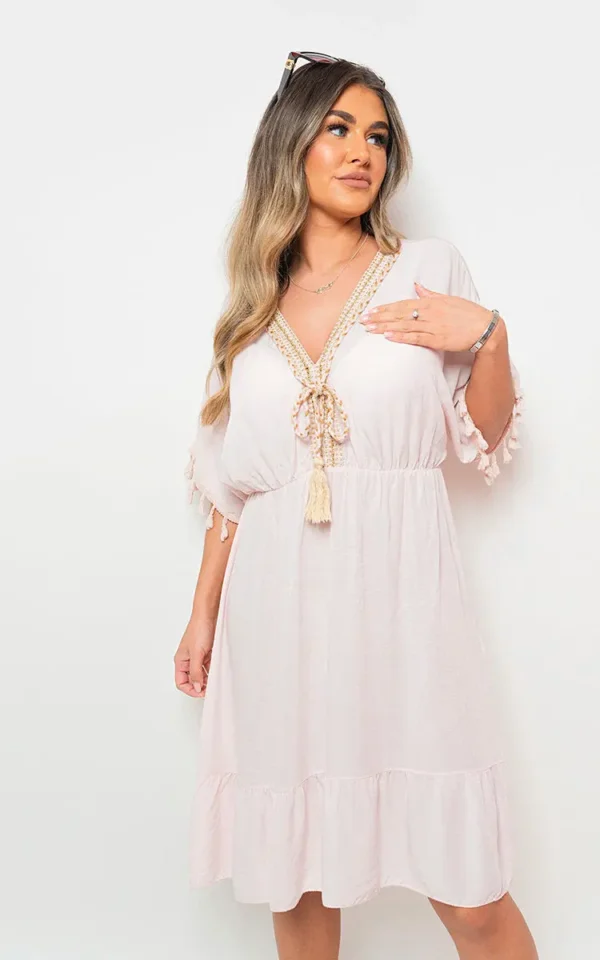 V-Neck Short Sleeve Midi Dress with Tassel Detail - Image 162