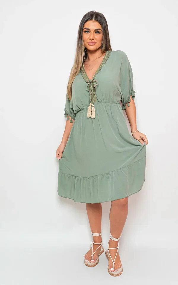 V-Neck Short Sleeve Midi Dress with Tassel Detail - Image 163