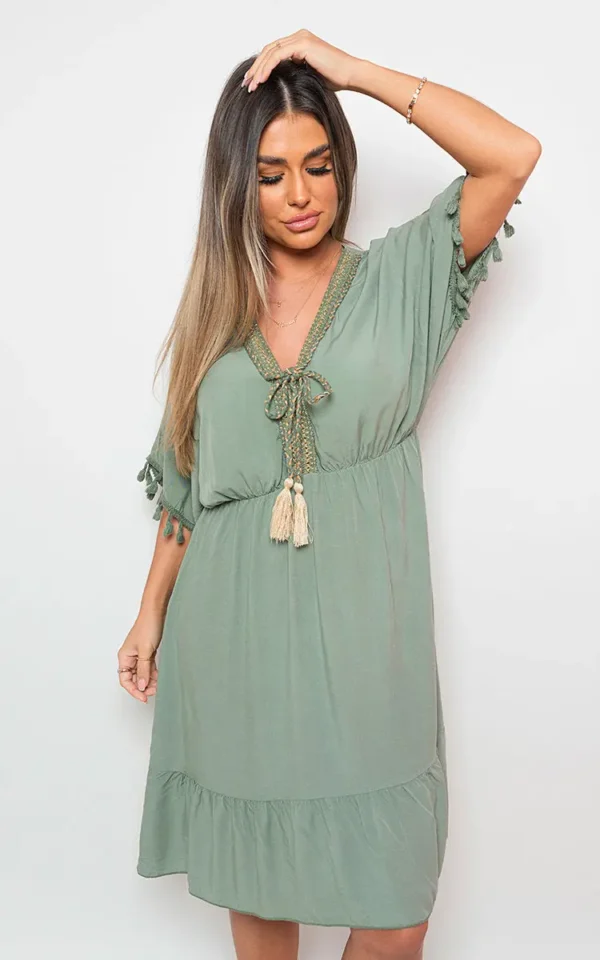 V-Neck Short Sleeve Midi Dress with Tassel Detail - Image 165