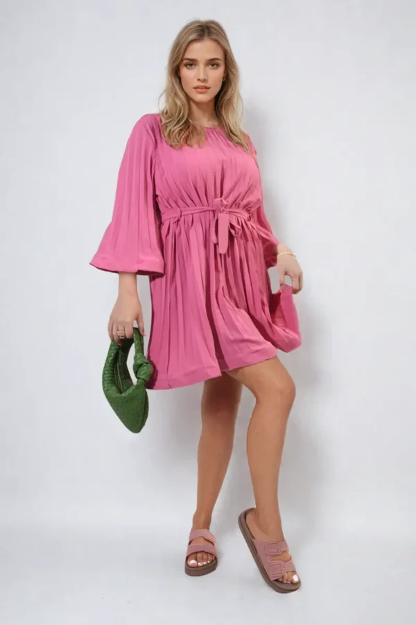 Pleated Tie Waist Mini Dress - Image 15