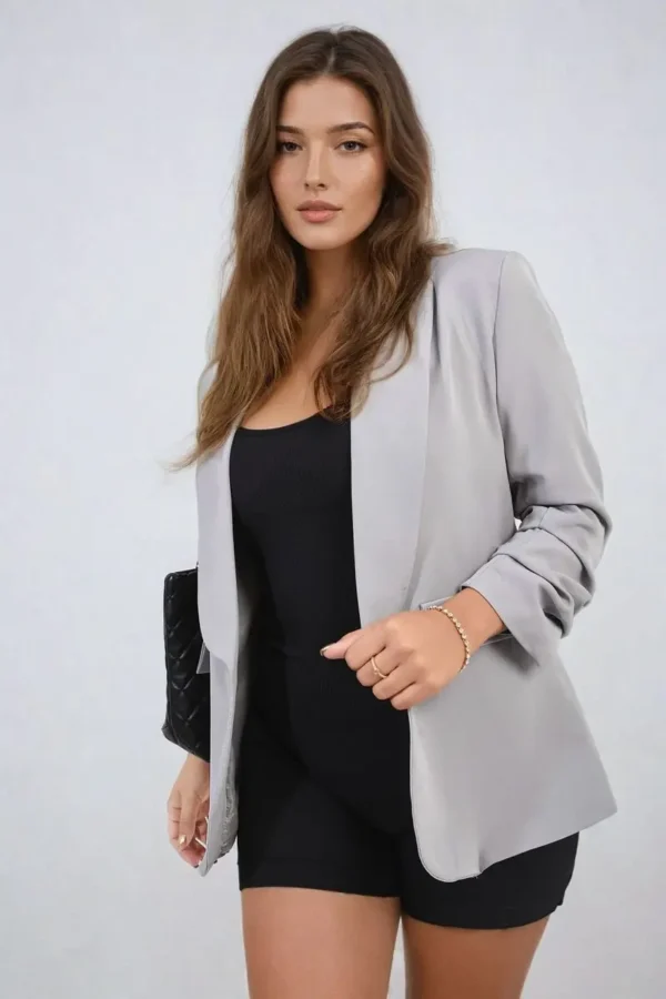 Ruched Sleeve Open Front Blazer Jacket with Front Pockets - Image 2