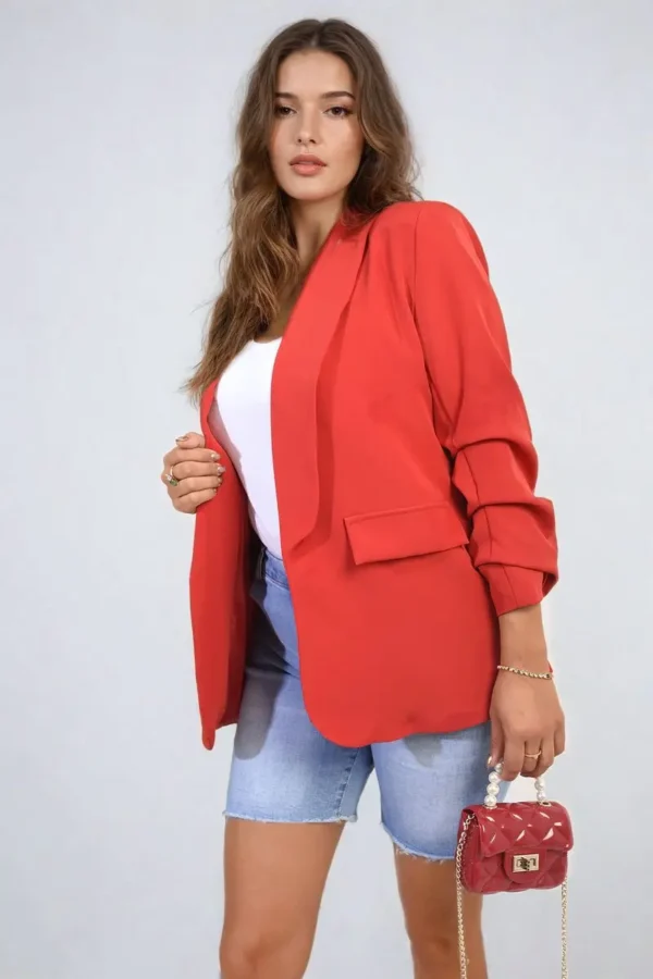 Ruched Sleeve Open Front Blazer Jacket with Front Pockets - Image 3