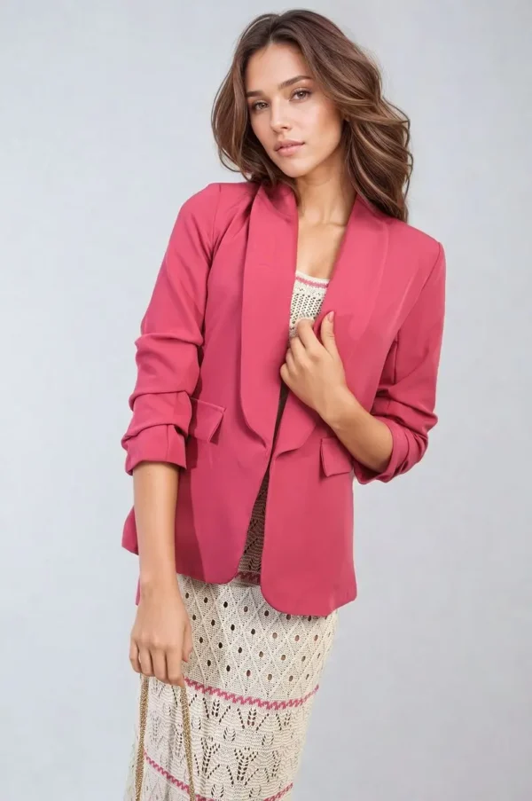 Ruched Sleeve Open Front Blazer Jacket with Front Pockets - Image 5