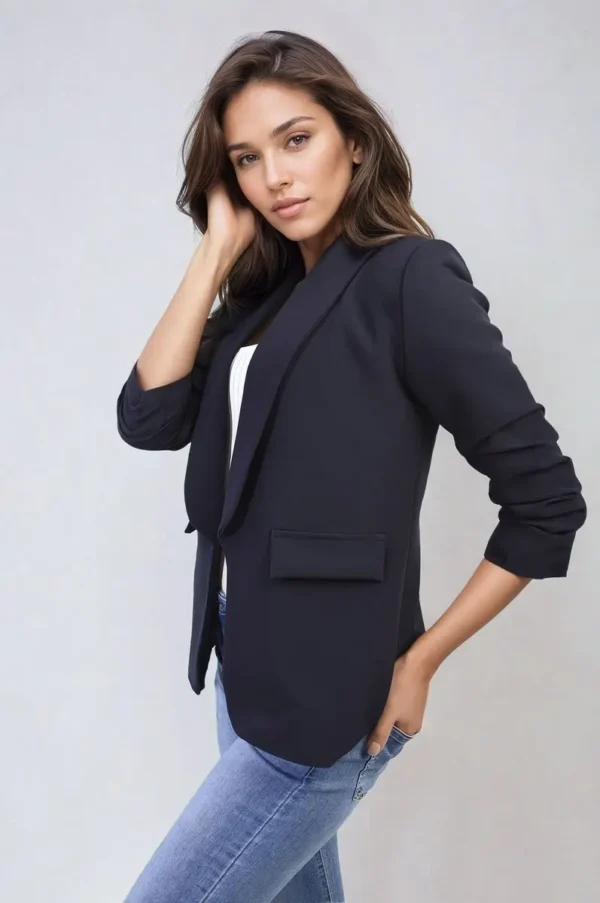 Ruched Sleeve Open Front Blazer Jacket with Front Pockets - Image 7