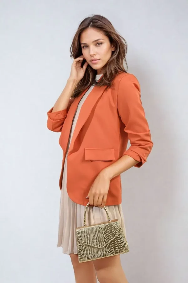 Ruched Sleeve Open Front Blazer Jacket with Front Pockets - Image 9