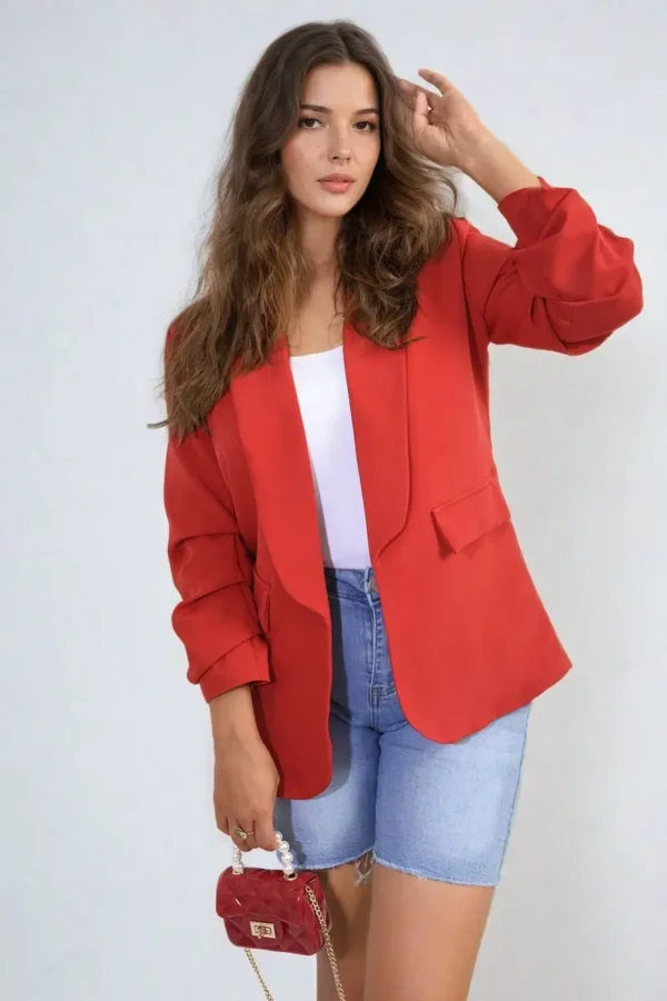 Ruched Sleeve Open Front Blazer Jacket with Front Pockets - Image 17