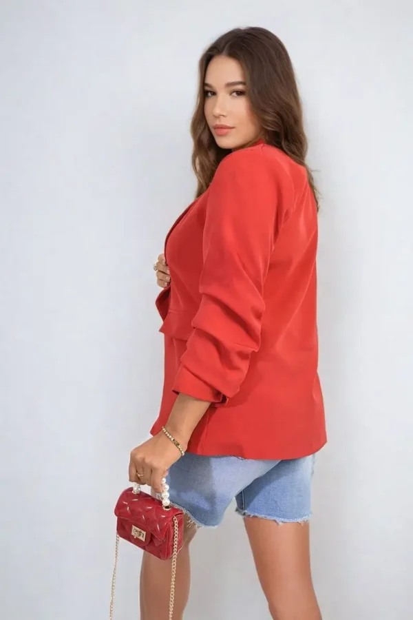 Ruched Sleeve Open Front Blazer Jacket with Front Pockets - Image 18