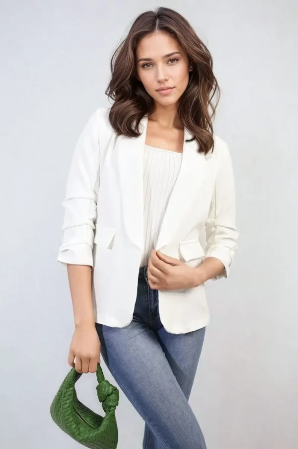 Ruched Sleeve Open Front Blazer Jacket with Front Pockets - Image 36