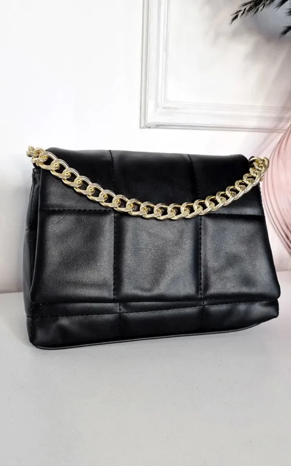 Elegant Faux Leather Padded Handbag with Gold Chain Detail - Stylish & Timeless Black Purse for Evenings Out