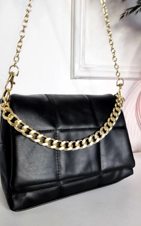 Elegant Faux Leather Padded Handbag with Gold Chain Detail - Stylish & Timeless Black Purse for Evenings Out - Image 2