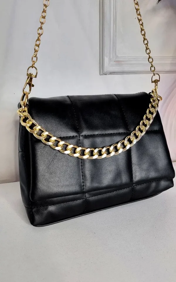 Elegant Faux Leather Padded Handbag with Gold Chain Detail - Stylish & Timeless Black Purse for Evenings Out - Image 3