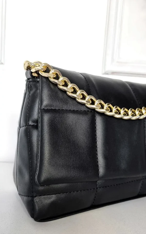 Elegant Faux Leather Padded Handbag with Gold Chain Detail - Stylish & Timeless Black Purse for Evenings Out - Image 4