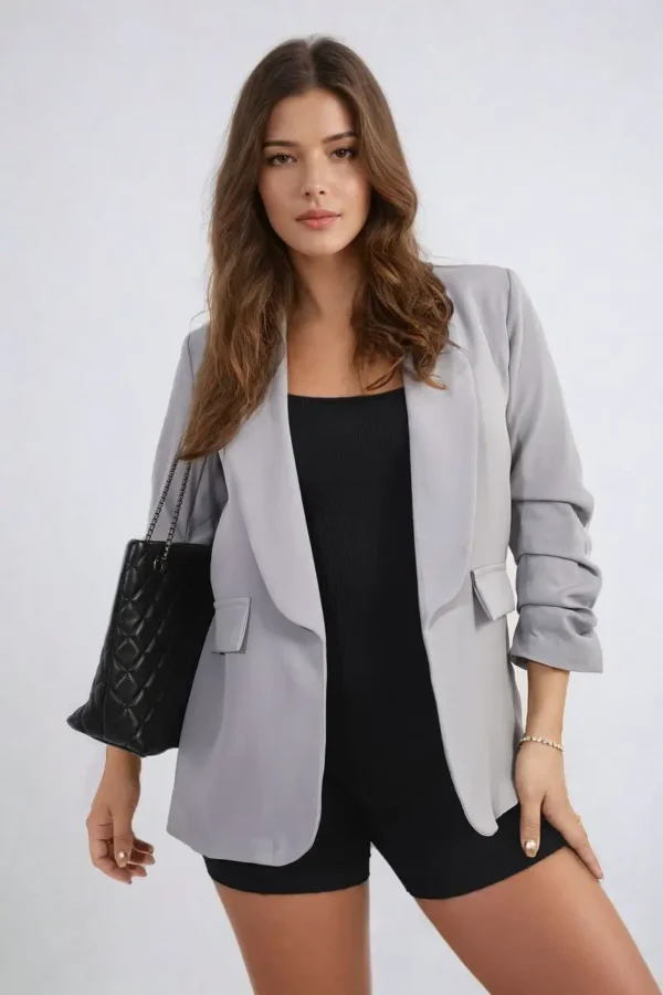 Ruched Sleeve Open Front Blazer Jacket with Front Pockets - Image 13