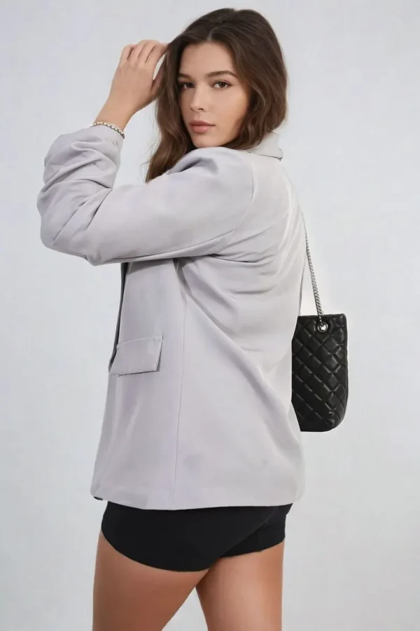 Ruched Sleeve Open Front Blazer Jacket with Front Pockets - Image 14