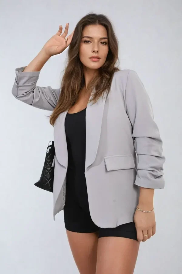 Ruched Sleeve Open Front Blazer Jacket with Front Pockets - Image 15