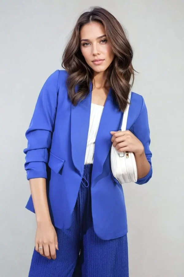 Ruched Sleeve Open Front Blazer Jacket with Front Pockets - Image 23