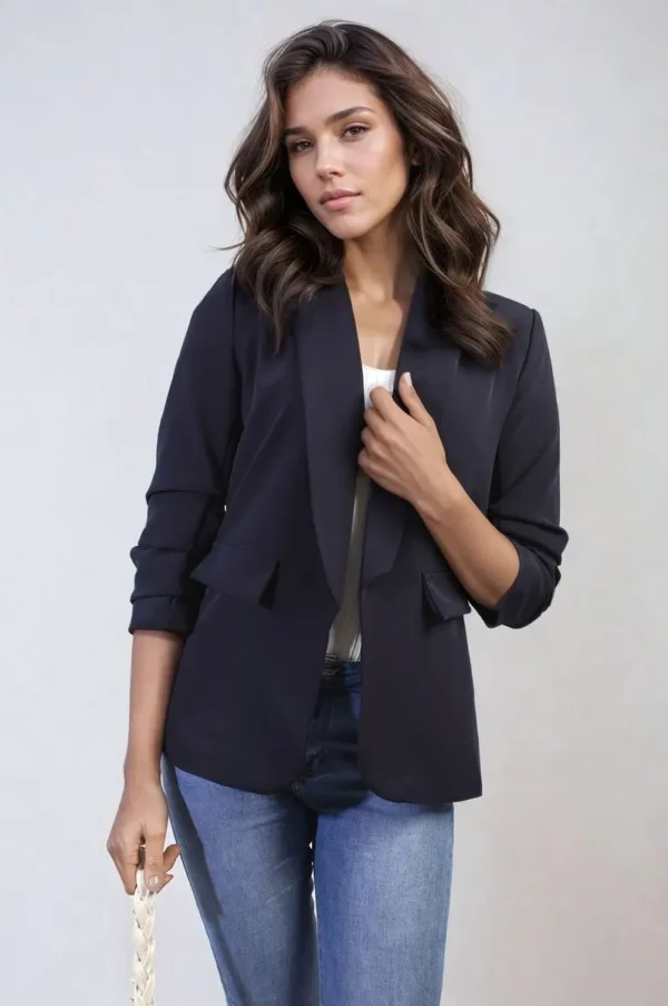 Ruched Sleeve Open Front Blazer Jacket with Front Pockets - Image 33