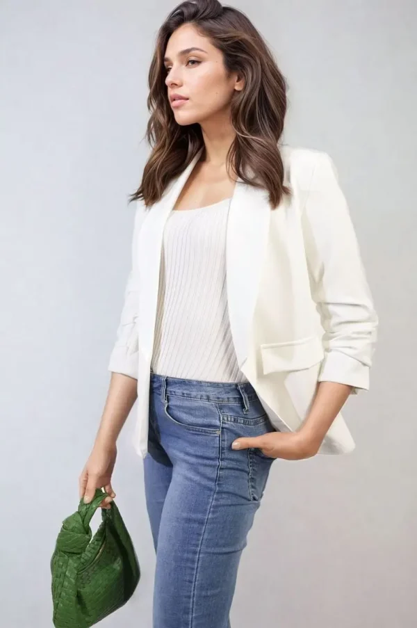 Ruched Sleeve Open Front Blazer Jacket with Front Pockets - Image 35