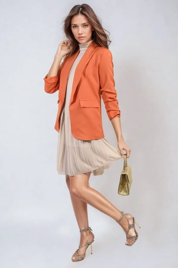 Ruched Sleeve Open Front Blazer Jacket with Front Pockets - Image 37