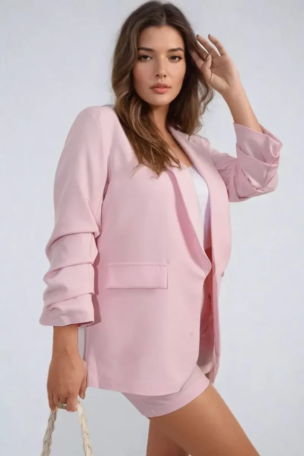 Ruched Sleeve Open Front Blazer Jacket with Front Pockets - Image 41