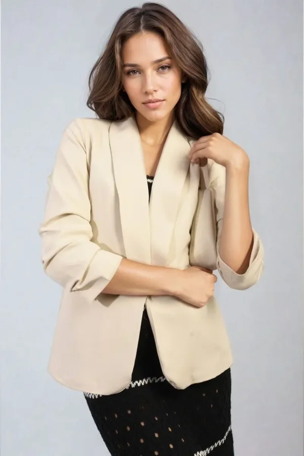 Ruched Sleeve Open Front Blazer Jacket with Front Pockets - Image 44