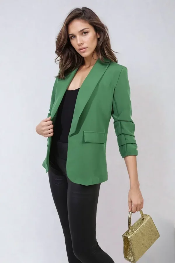 Ruched Sleeve Open Front Blazer Jacket with Front Pockets - Image 46