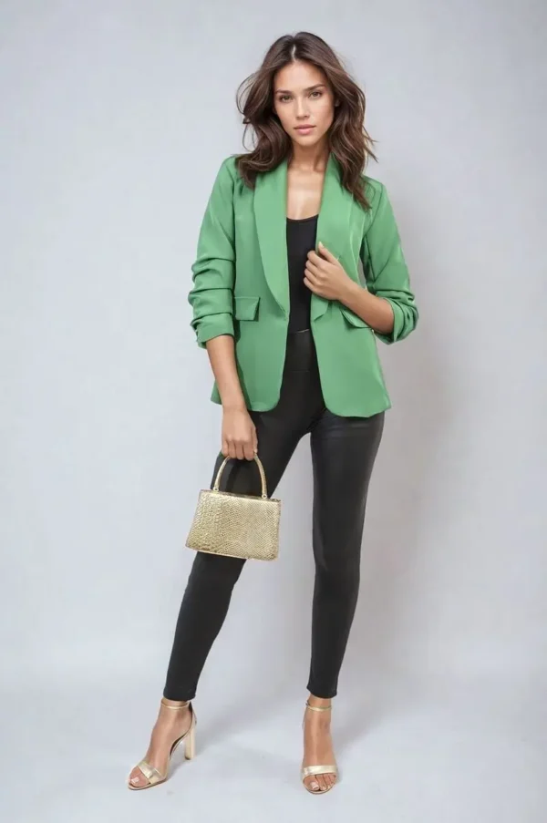 Ruched Sleeve Open Front Blazer Jacket with Front Pockets - Image 48