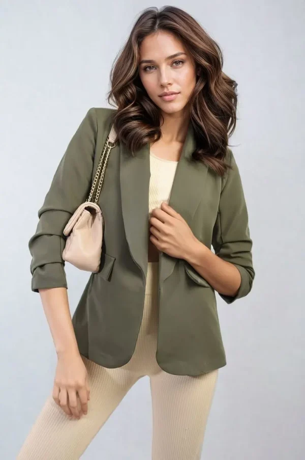 Ruched Sleeve Open Front Blazer Jacket with Front Pockets - Image 50