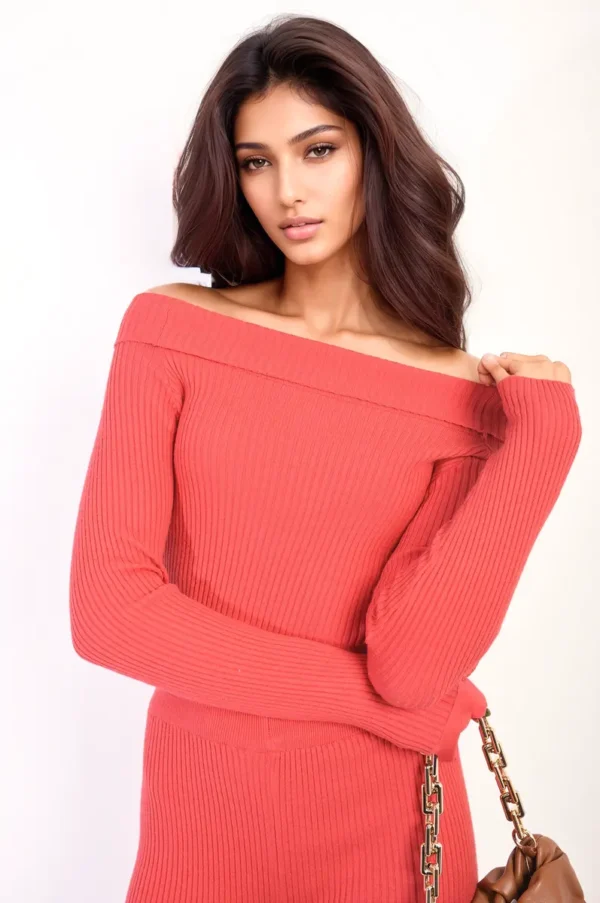 Knitted Long Sleeves Cropped Off Shoulder Top and Trousers Co-ord Set - Image 54