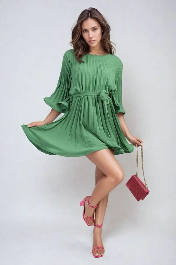 Pleated Tie Waist Mini Dress - Image 24