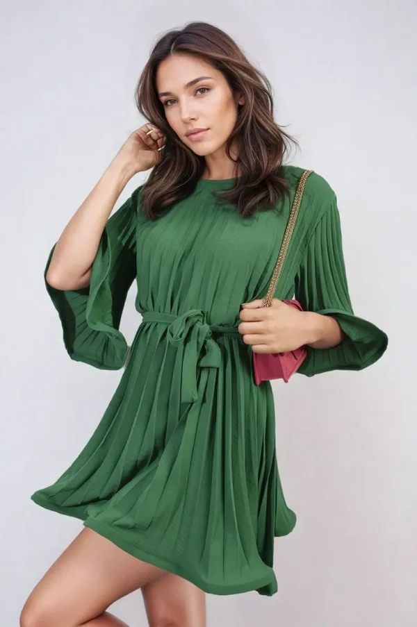 Pleated Tie Waist Mini Dress - Image 28