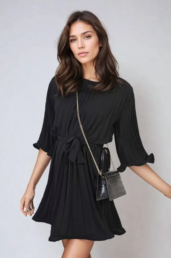 Pleated Tie Waist Mini Dress - Image 29