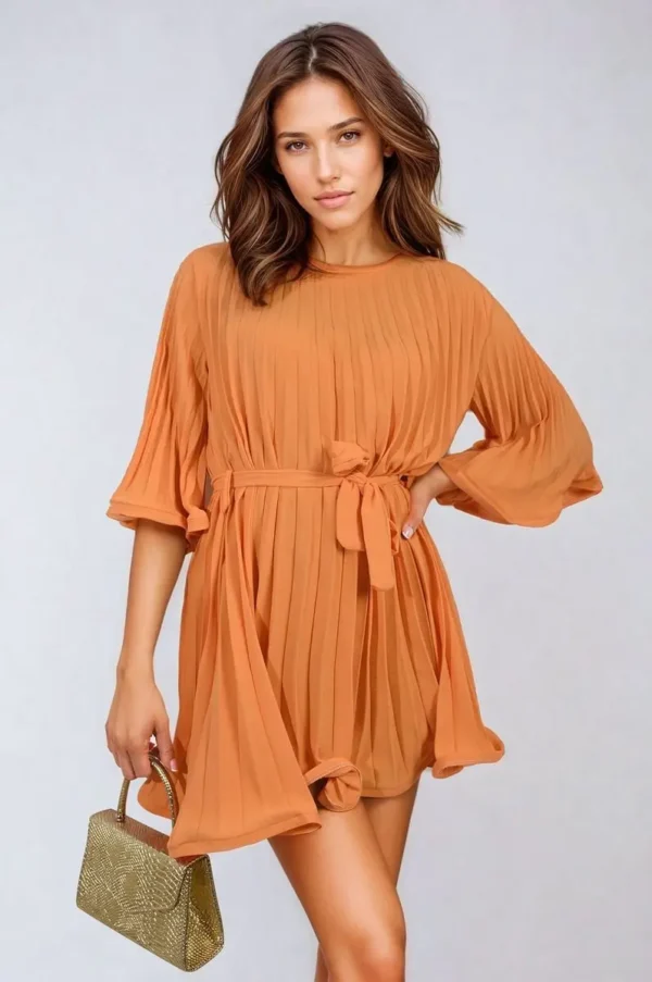 Pleated Tie Waist Mini Dress - Image 31