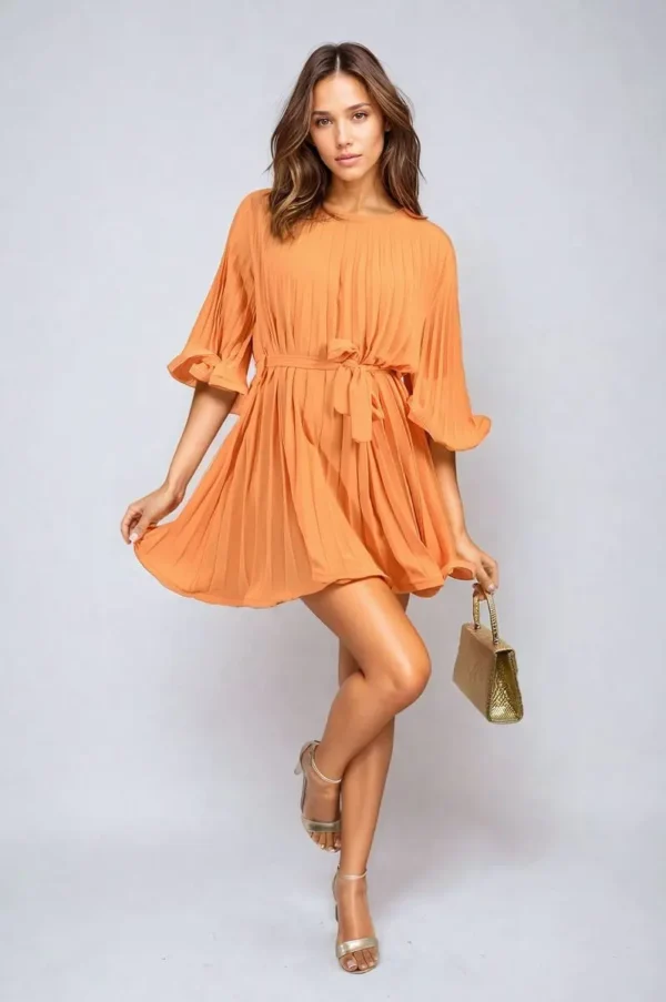 Pleated Tie Waist Mini Dress - Image 33