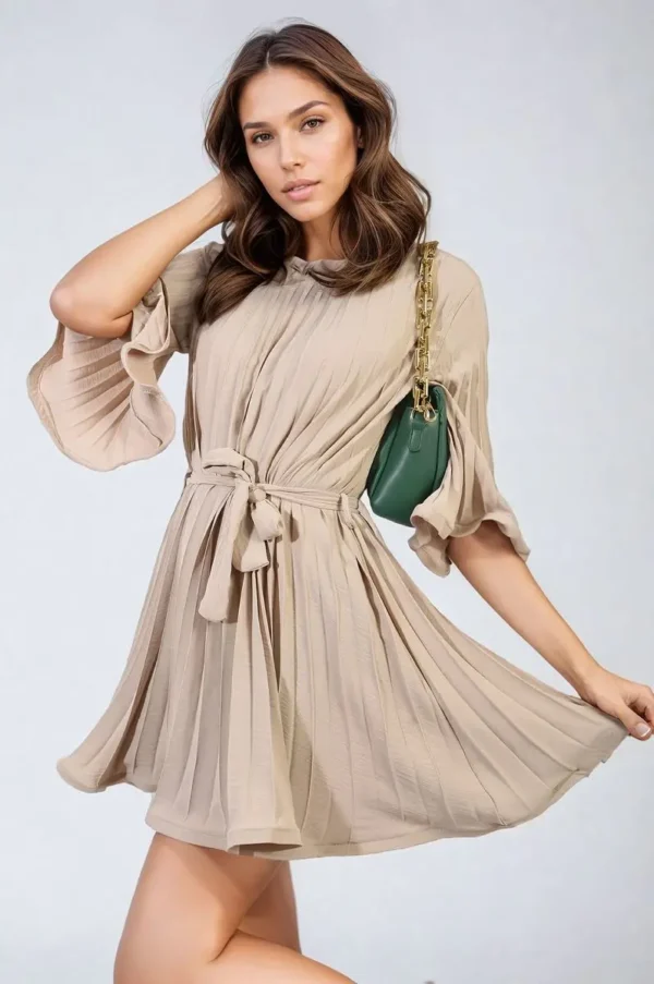 Pleated Tie Waist Mini Dress - Image 36