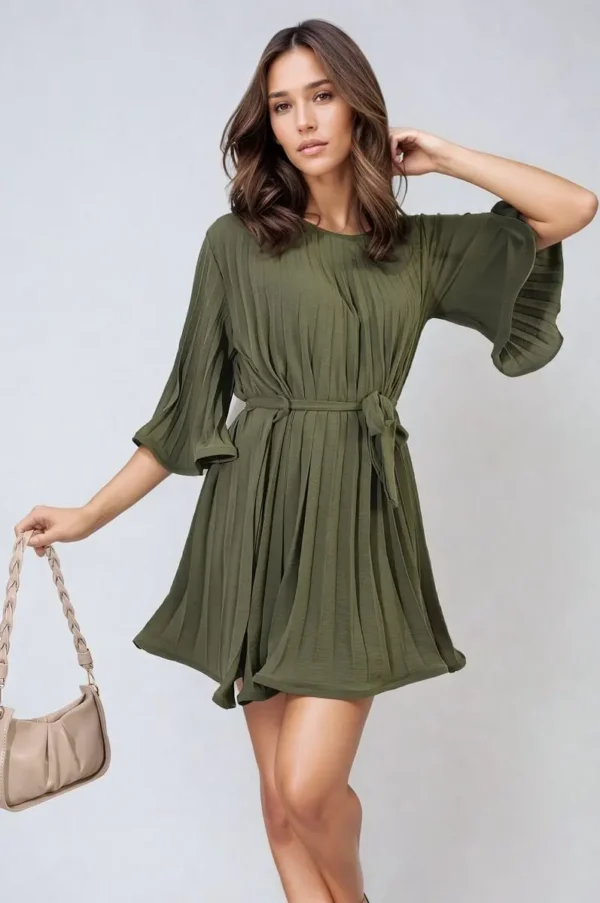 Pleated Tie Waist Mini Dress - Image 39