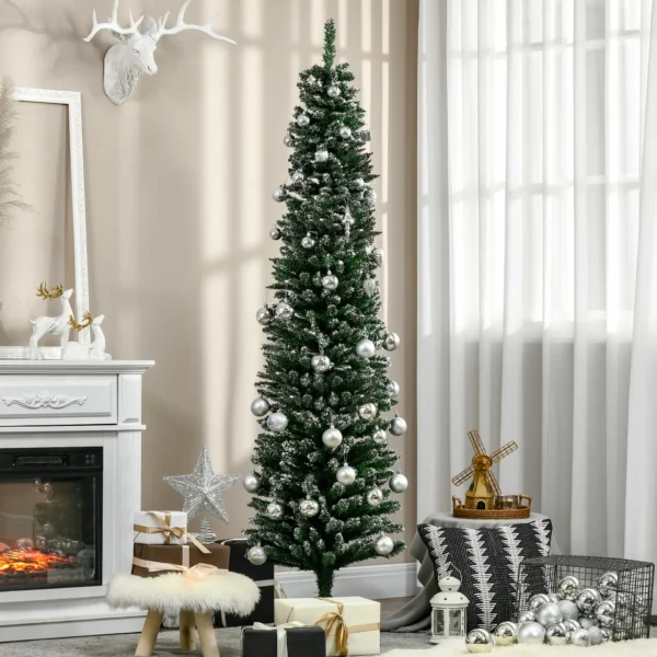 HOMCOM 6FT Artificial Snow Dipped Christmas Tree Xmas Pencil Tree Holiday Home Indoor Decoration with Foldable Black Stand, Green - Image 2