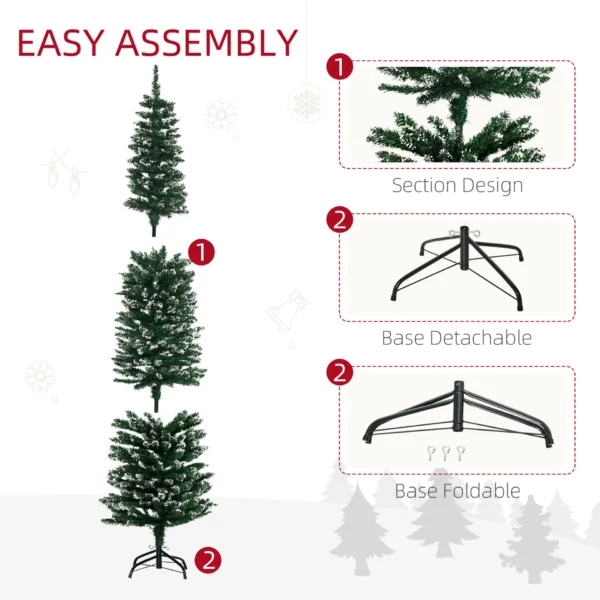 HOMCOM 6FT Artificial Snow Dipped Christmas Tree Xmas Pencil Tree Holiday Home Indoor Decoration with Foldable Black Stand, Green - Image 6