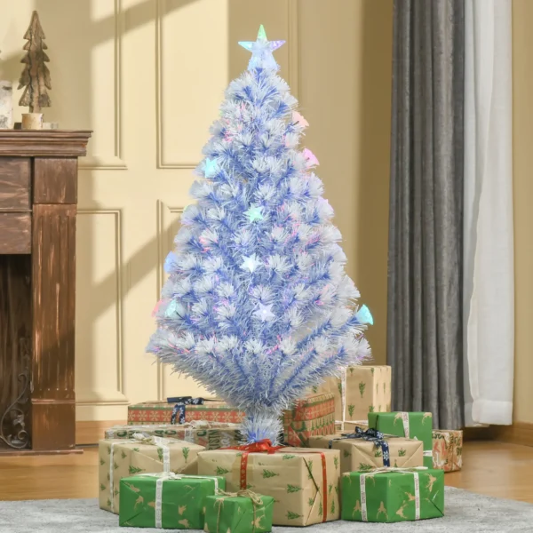 HOMCOM 4FT Artificial Fibre Optic Christmas Tree Seasonal Decoration w/ LED Lights Pre-Lit Easy Store White Blue - Image 2