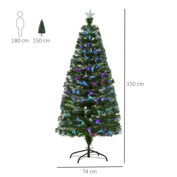 HOMCOM 5FT Multicoloured Artificial Christmas Tree w/ Fibre Optic Lights Pre-Lit Modes Metal Stand Star Holder Home Seasonal Decoration - Image 3